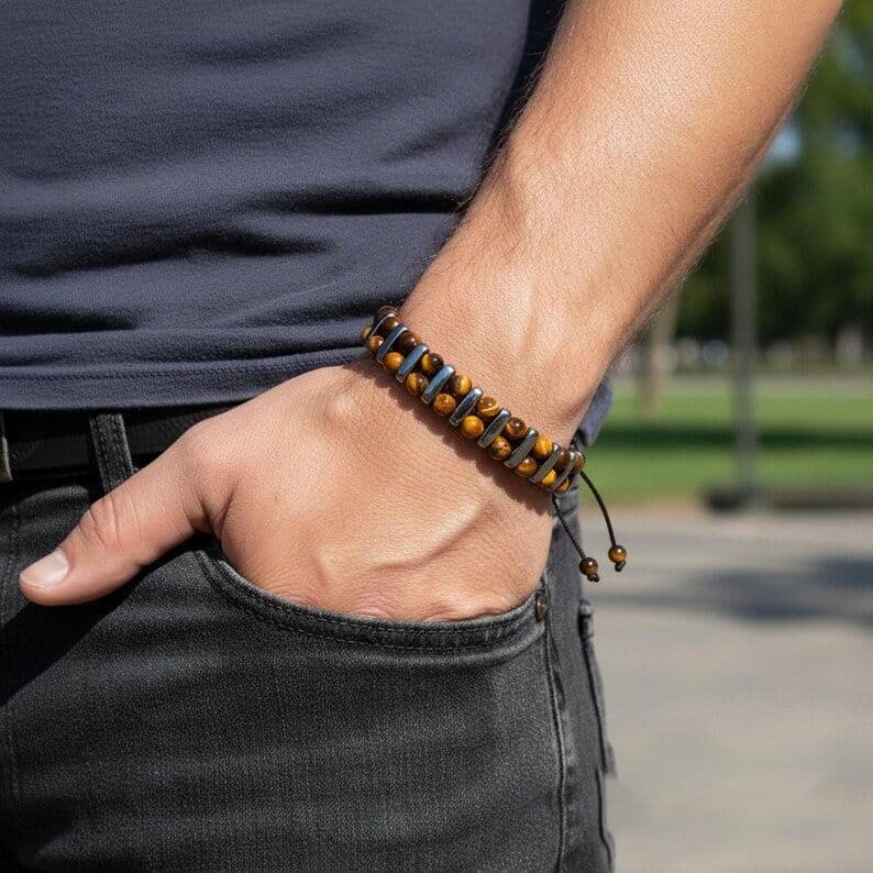 Moda corda trançada à mão fileira dupla olho de tigre pedra preta pulseira de pedra biliar masculina feminina pulseira d