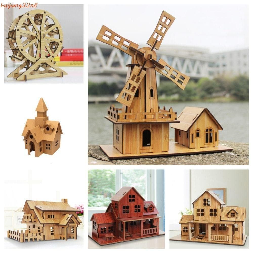 HUIJIANG 3D Quebra-Cabeça Villa Casa , Moinho De Vento Artesanal DIY Roda Gigante Modle , Castelo De Segurança Bambu Adu