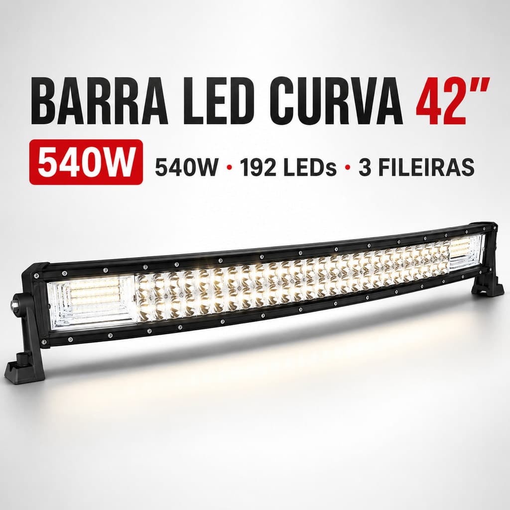 Farol Barra LED Curva 42” 540W 192 LEDs Tripla Fileira para Pickup Caminhão Trator Off-Road