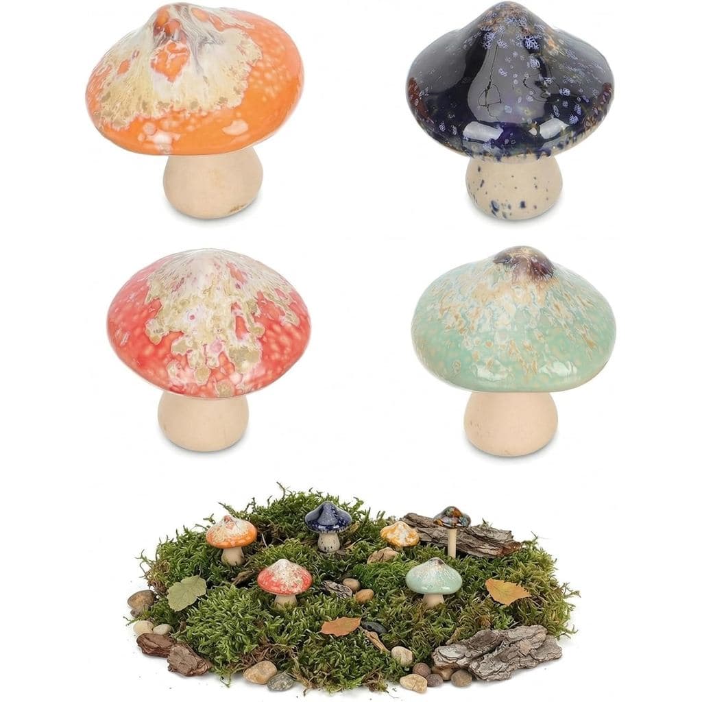 Angoily 4 Peças de Decoração de Jardim em Cerâmica com Formato de Cogumelo, Miniaturas de Cogumelos Transformados em For