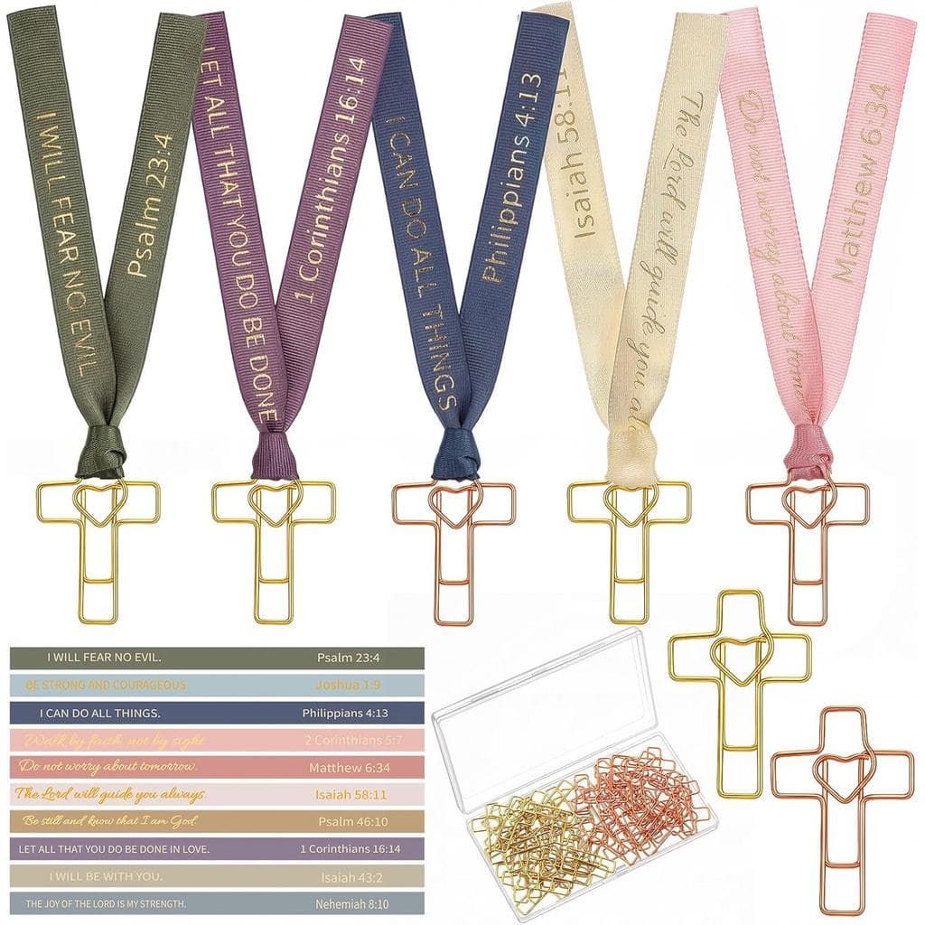 Resurhang 80 Clipes de Papel em Forma de Coração e Cruz com Fitas, 40 Clipes de Papel Dourados e Rosé Gold para Bíblia,