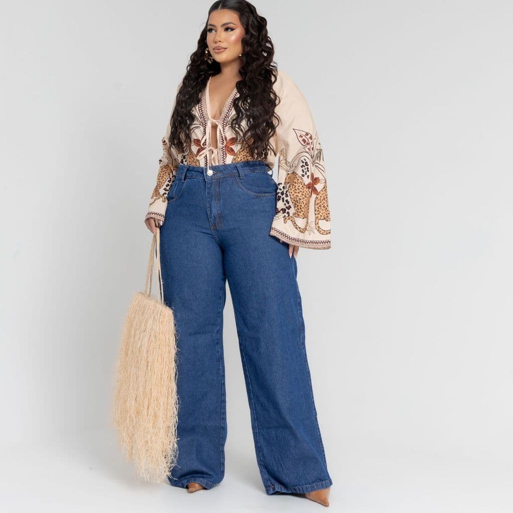 Calça Wide Leg Pantalona Jeans Feminina Plus Size S/ Lycra Cintura Alta Moda Feminina