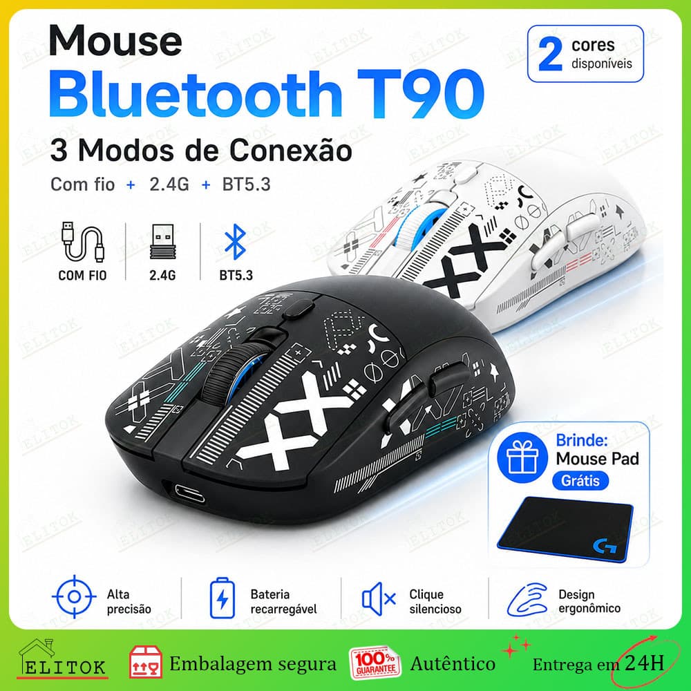Mouse Gamer Sem Fio RGB 3600 DPI Recarregável Silencioso T90