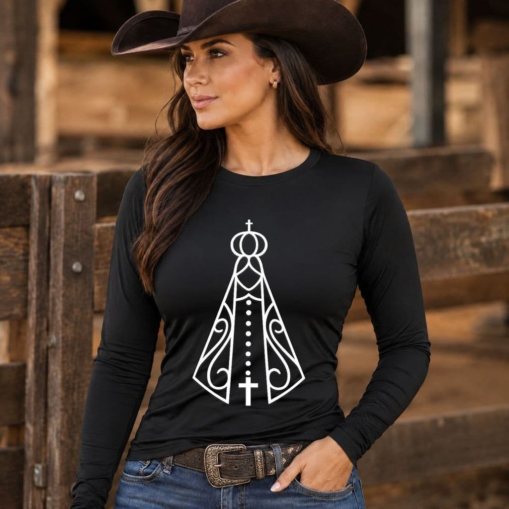 Camiseta Manga Longa Uv Proteção termica country nossa senhora cowgirl peoa agro fpu 50+ catolica igreja caminho da fé