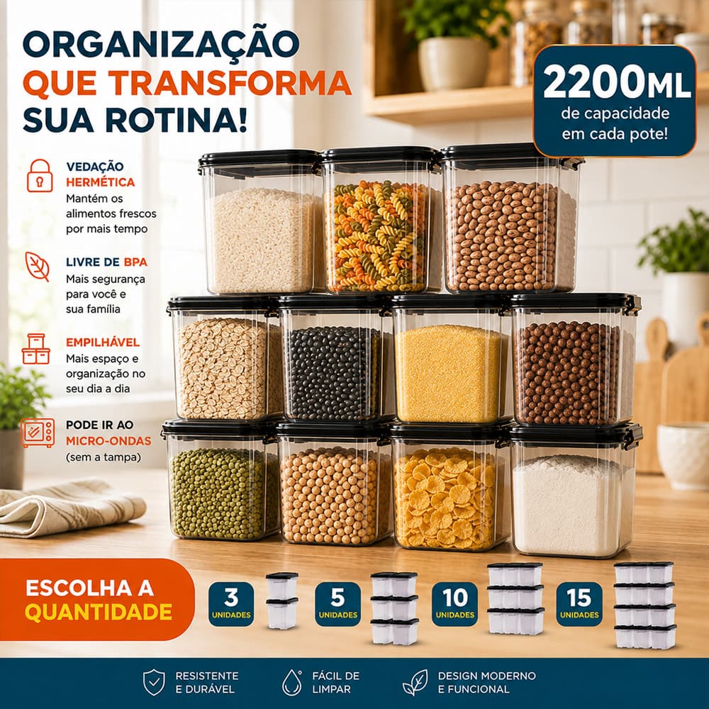 Kit Marmita Fitness Potes Plásticos 2200L P/ Microondas e Geladeiras Dietas Pote Hermético