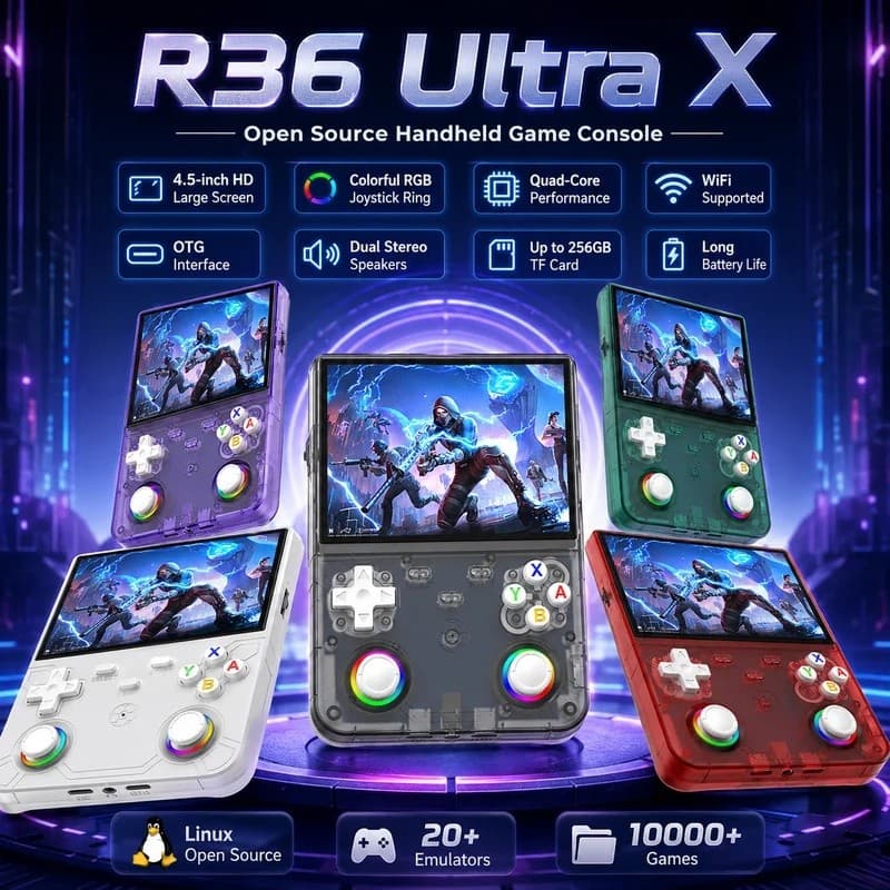 Console De Jogos Portátil Retrô R36 Ultra X 4.5 , Tela HD Colorida , Joystick De Luz , Motor De Vibração , 128GB , Cartã