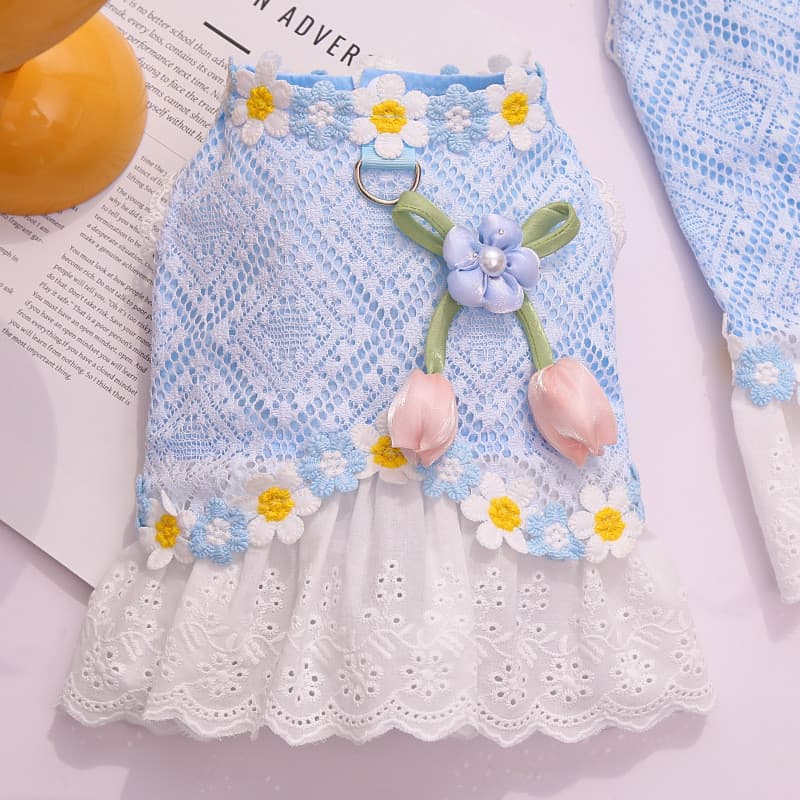 Vestido de verão para cachorro, roupas para animais de estimação, cachorro pequeno, verão, malha fina, saia de renda, Bi