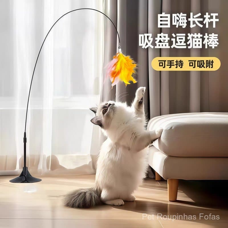 Varinha de brinquedo para gatos para entretenimento próprio e alívio do tédio, com ventosa e haste longa, acessórios par