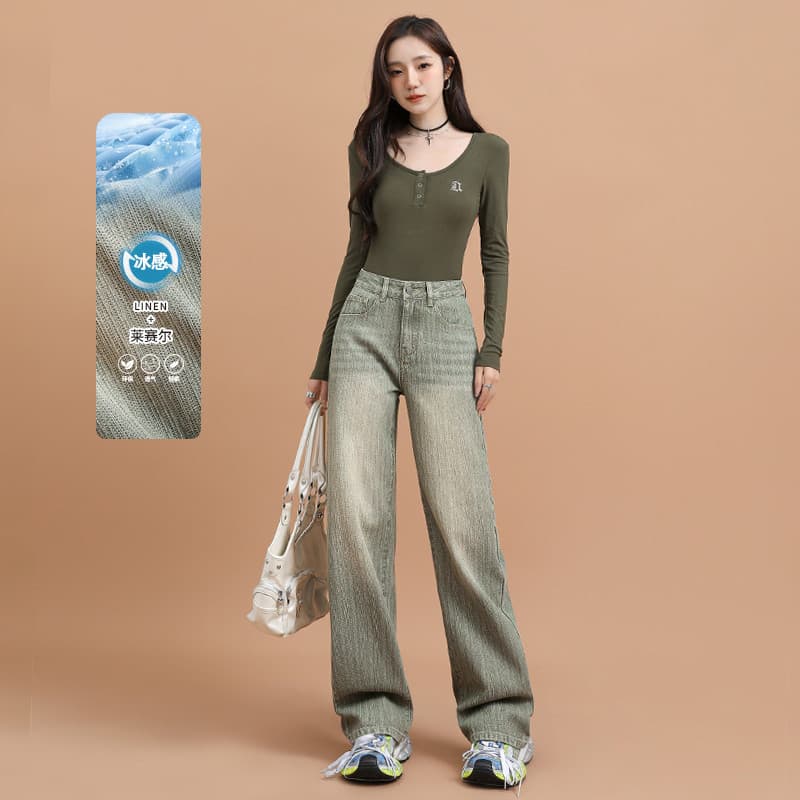 2026 verão americano luz luxo Super macio Lyocell Slub padrão costura solta Jeans de perna larga