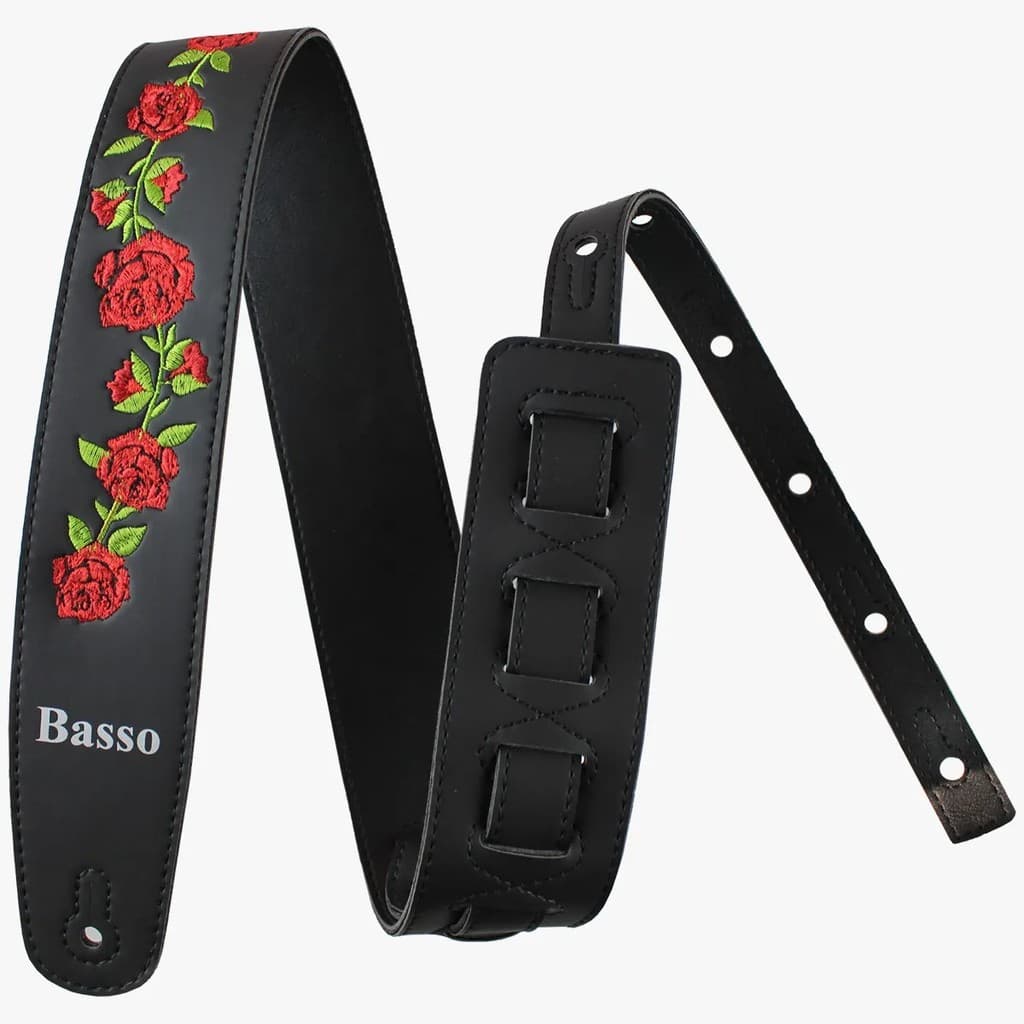 Correia Alça Guitarra Violão Baixo Basso Sintético Preto Bordado Rosas Ajustável 92 à 145cm VT FL 01