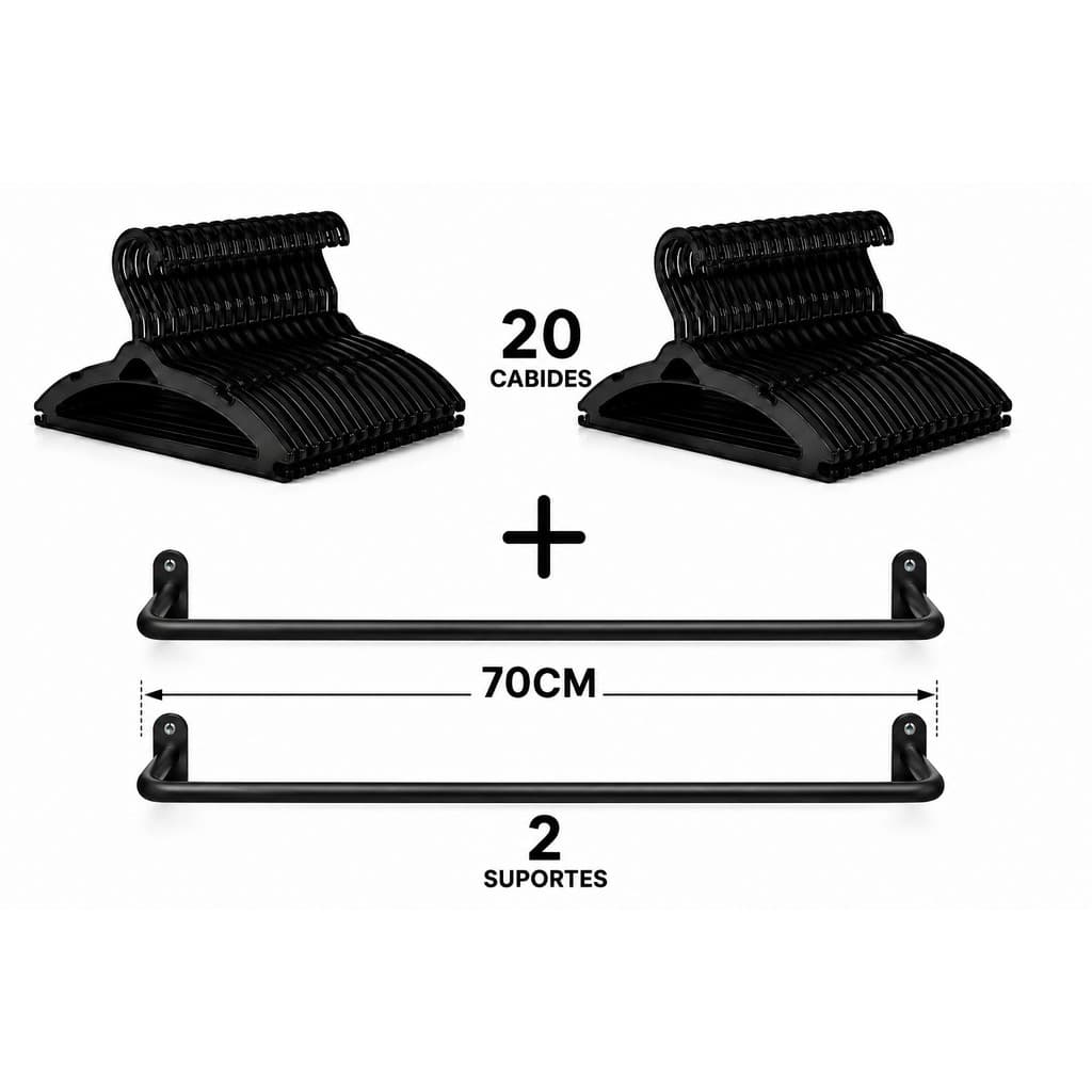 2 ARARAS PARA ROUPA 70CM + 20 CABIDES REFORÇADOS - PRETO