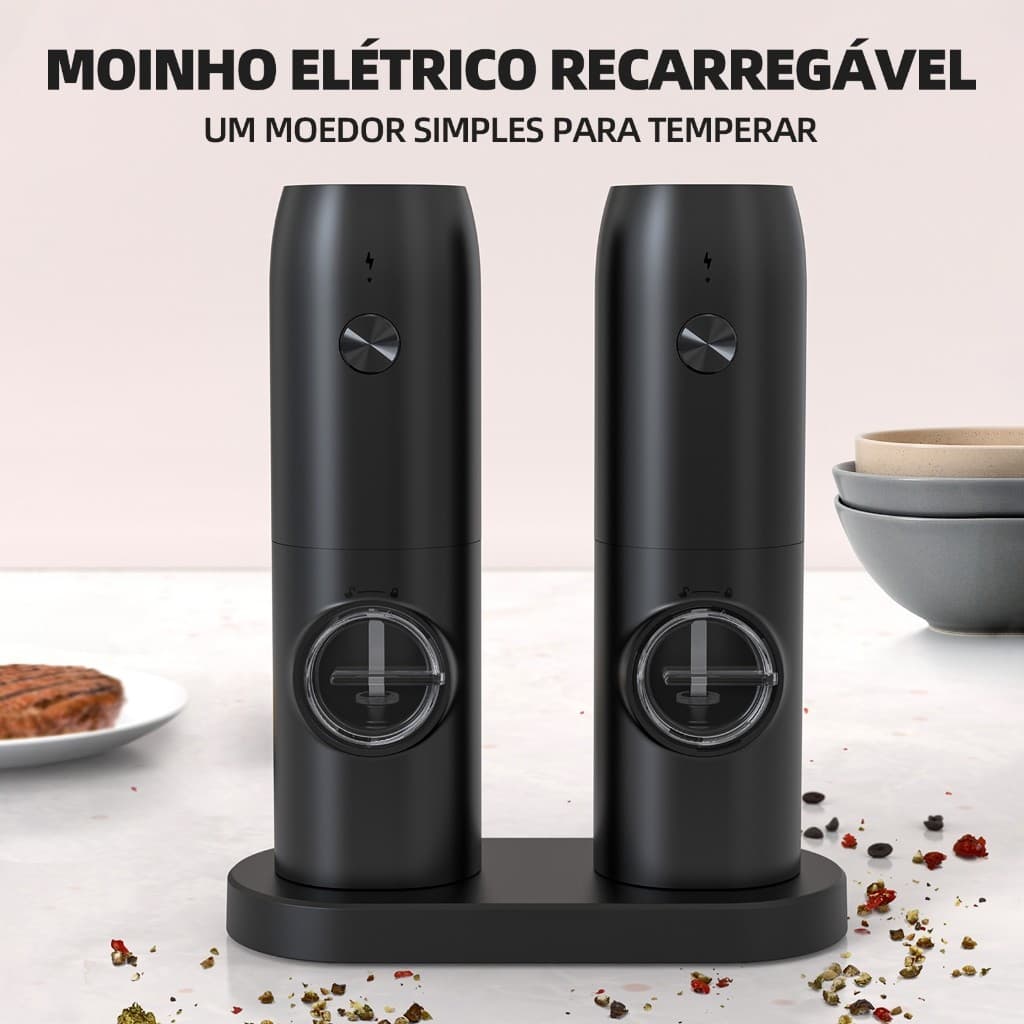 Moedor elétrico de temperos, sal e pimenta, 2 peças, ajuste automático de moagem