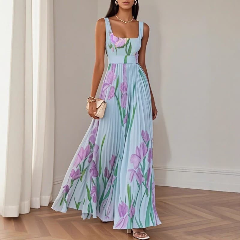 Vestido Feminino Com Estampa Floral , Alça Espaguete , Maxi , Gola Quadrada , Plissado , Longo , Elegante , Férias , Pra