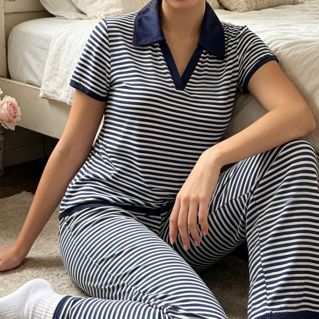 Conjunto Feminino de Primavera e Outono com Blusa de Malha Listrada de Manga Curta e Calça Longa Casual