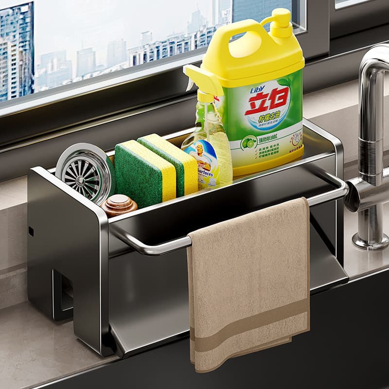Multifuncional de aço carbono cozinha pano rack dreno esponja rack pia torneira suprimentos bancada armazenamento atacad