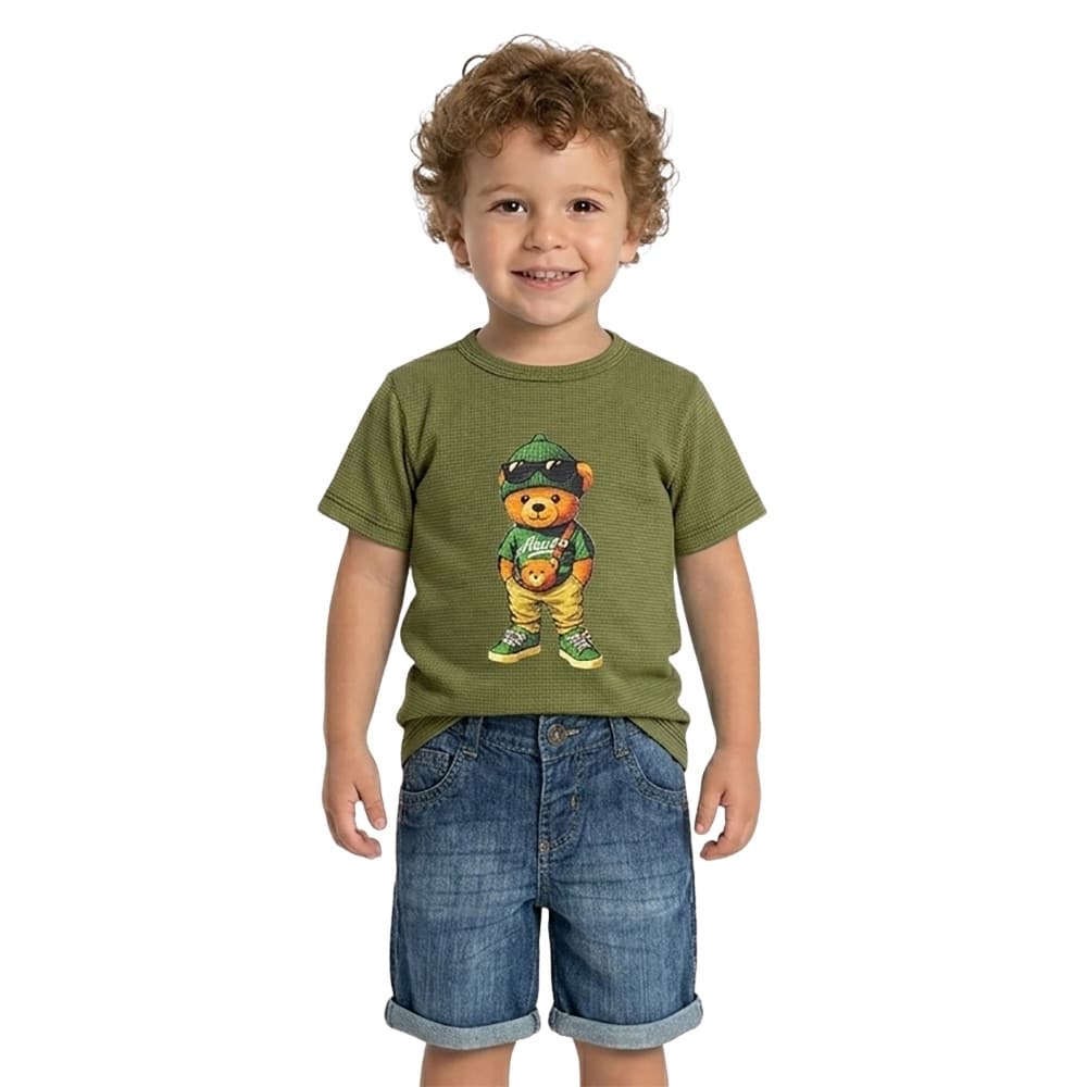 Conjunto Infantil Look Jeans Camiseta Urso e Shorts Jeans
