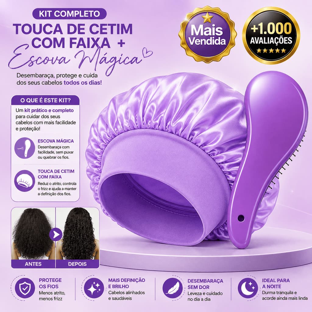 Kit Escova Mágica+ Touca de Cetim Anti Frizz Para Cabelos Lisos, Cacheados e Crespos