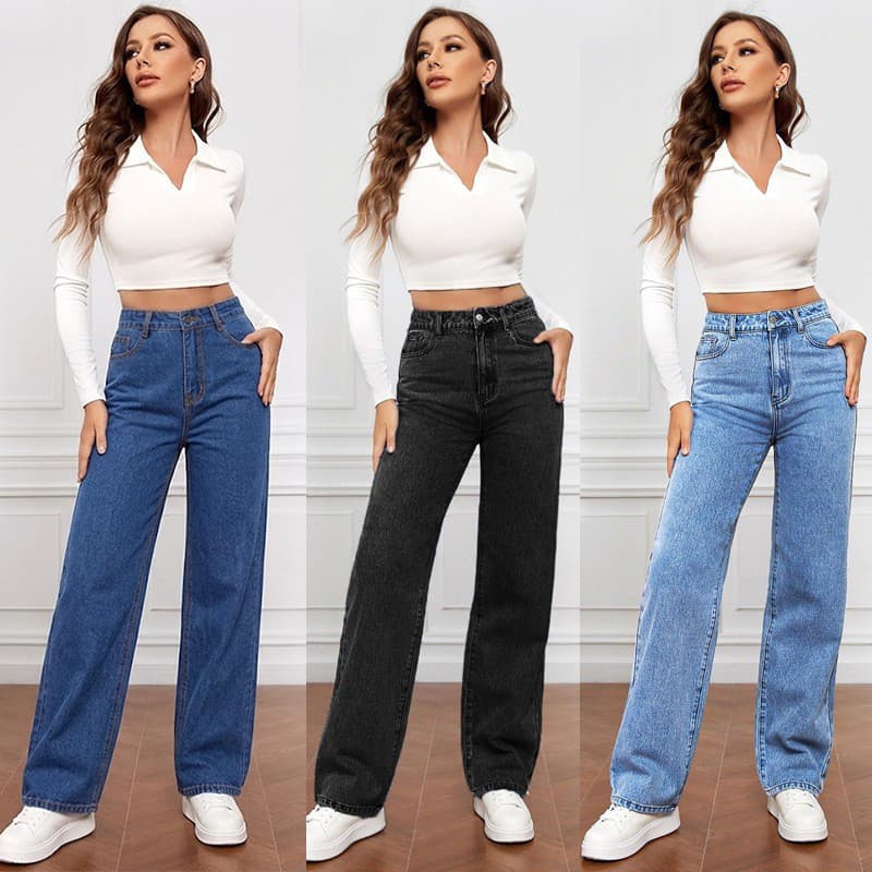2025 Jeans femininos lavados de cintura alta estilo longo elegante estilo All-Match calças retas