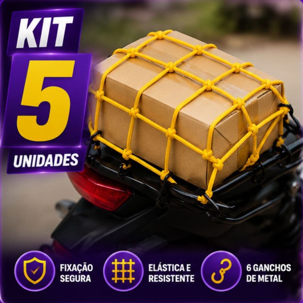 Kit 5/4 ou 3 Un Redinha Rede Aranha Moto Bagageiro 30x30 Elástica com 6 Ganchos para Carga