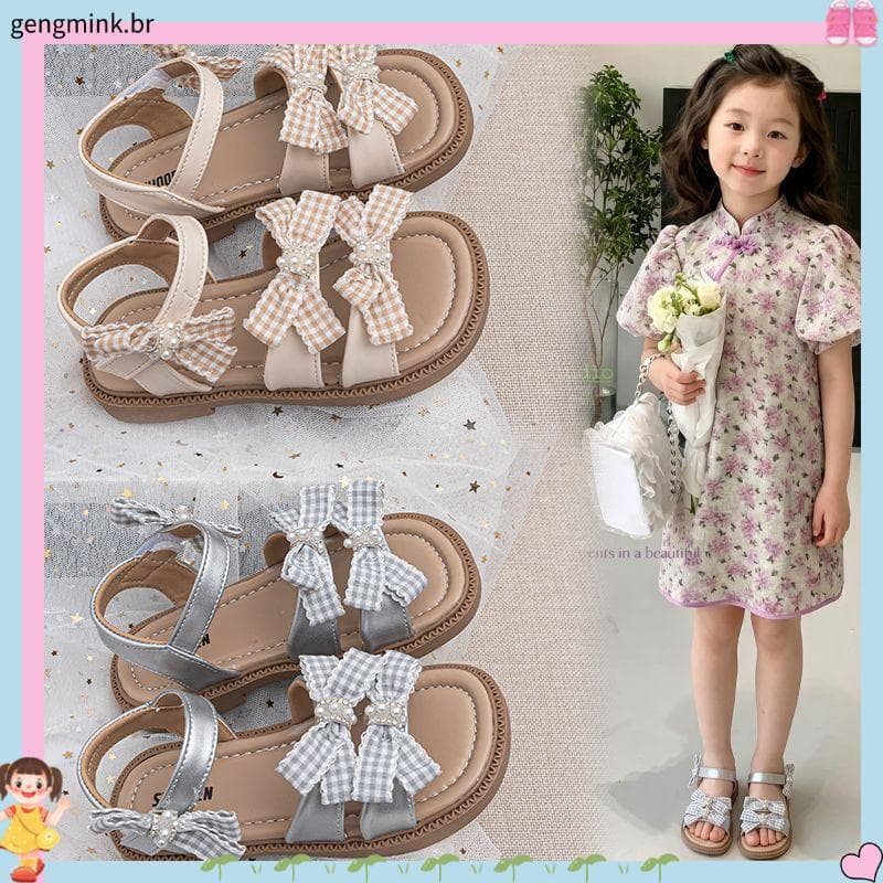 Sandálias de menina strass arco princesa sapatos moda versão coreana verão 2026 novo estilo antiderrapante sapatos de pr