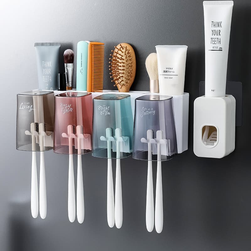 Rack de escova de dentes, copo para enxaguatório bucal, rack de escova de dentes sem perfuração, copo de escova de dente
