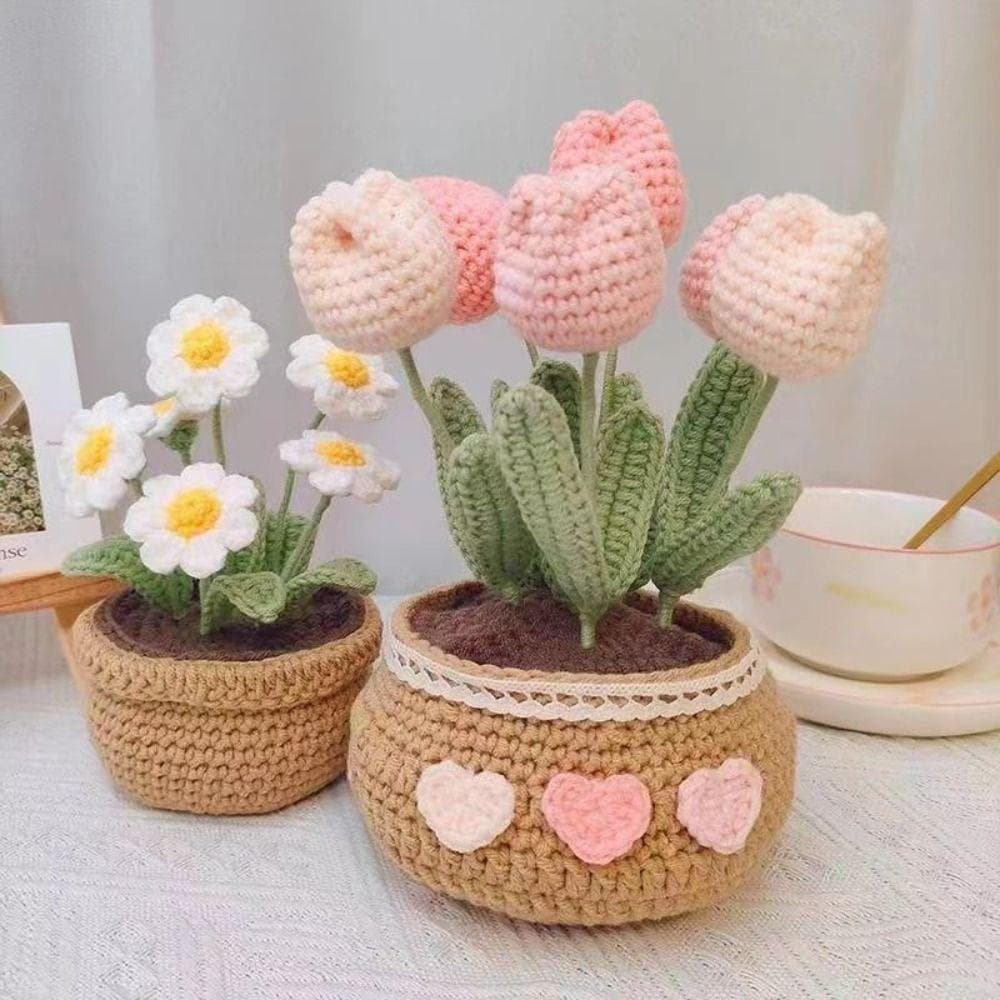 Kit De Flores De Crochê  , Tricô Com Exclusivas De Tulipa Rosa Margarida , Sem Acabamento , Flor Em Vaso