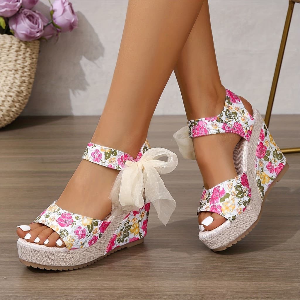Sandálias Femininas De Cunha Com Plataforma , Salto Aberto Estampa Floral Elegante , Sapatos Femininos Versáteis Cadarço