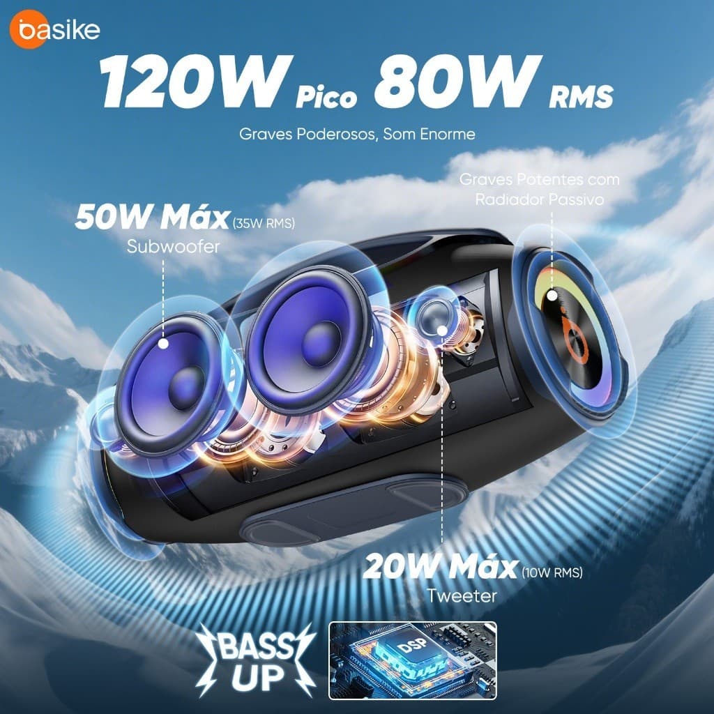 Basike Caixa de Som Bluetooth Estéreo  80W Potente IPX6 TWS RGB