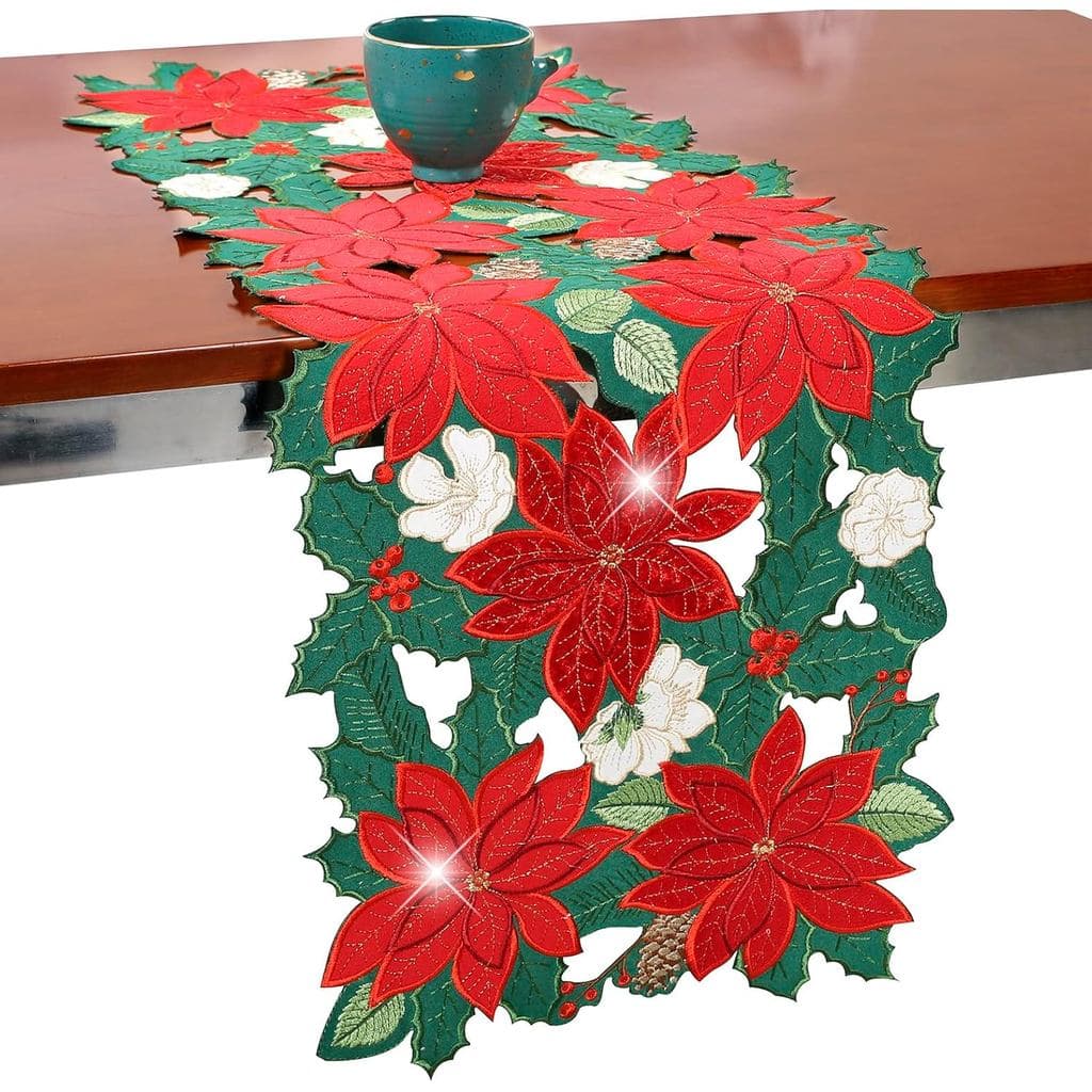 Caminho de Mesa de Natal 36 Polegadas com Flores de Poinsétia Vermelhas, Curto, Bordado em Veludo, Decoração Floral de N