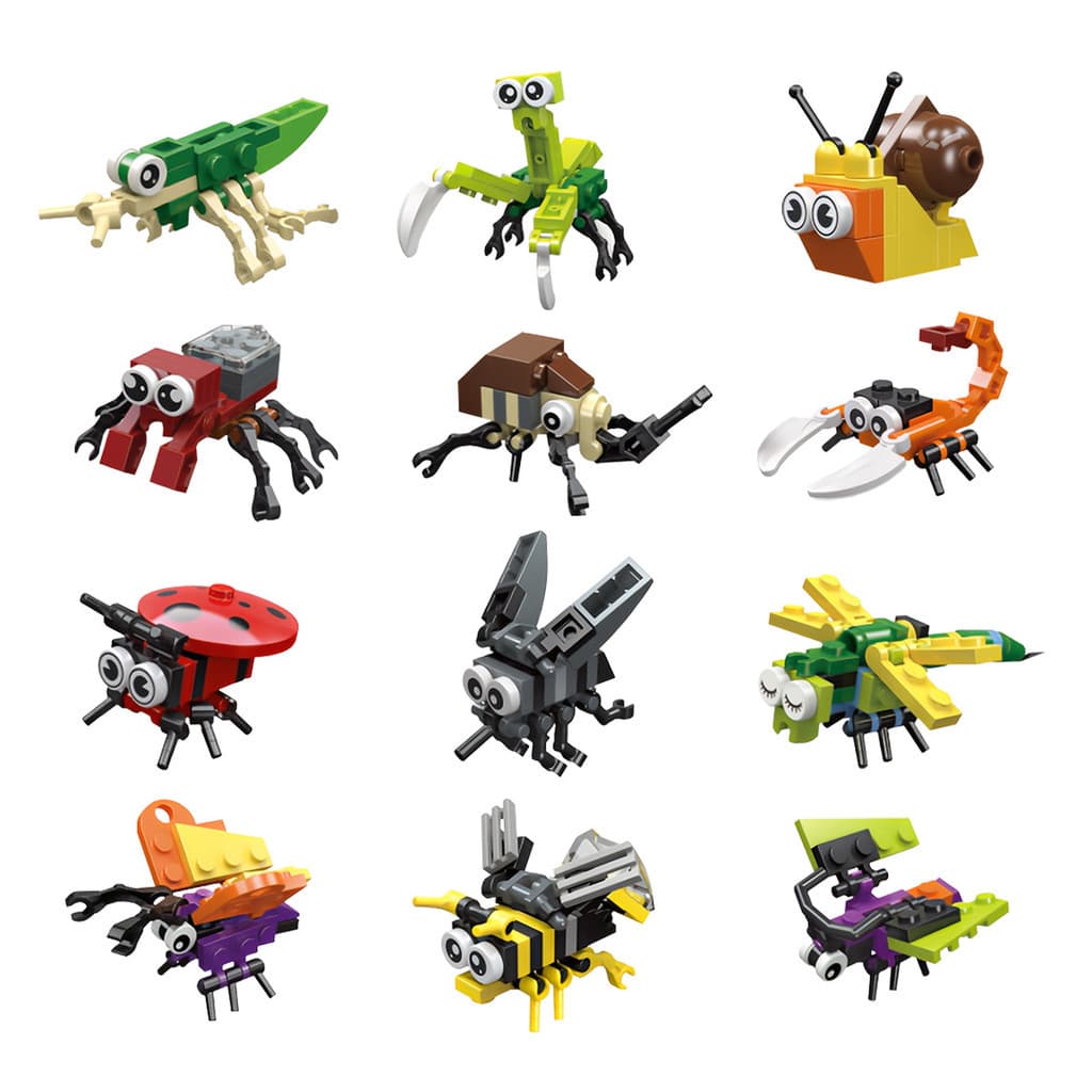 Kit Blocos de Montar Insetos 12 Peças Educativo Montagem Brinquedo ABS
