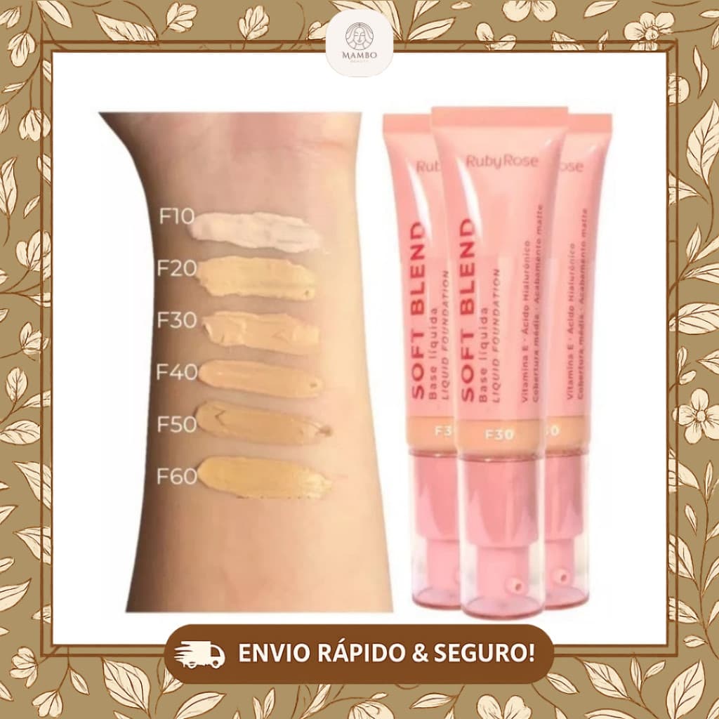 Base Líquida Ruby Rose Soft Blend Matte com Ácido Hialurônico – Cobertura Média e Efeito Natural