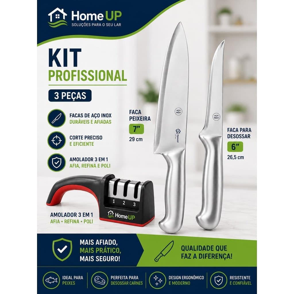 KIT Faca Peixeira + Faca Desossar + Afiador de faca amolador 3 Peças Profissional