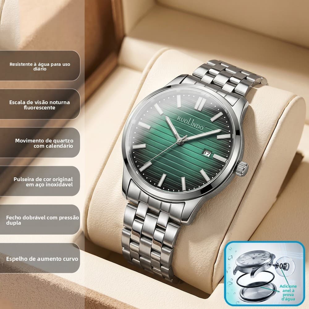Relógio de pulso de quartzo banda de aço luminoso relógio masculino calendário Display diário Commuter negócios Casual