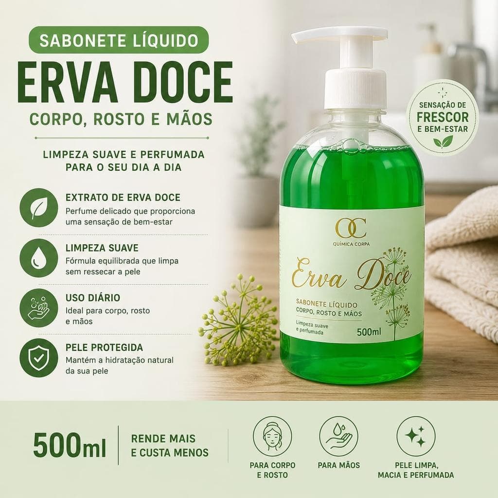 Sabonete Líquido Erva Doce 500ml Química Certa - para Corpo, Rosto e Mãos, limpeza suave e frescor