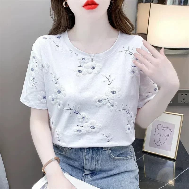 Camisetas Femininas de Verão, Camisetas de Manga Curta, Camisetas Casuais Soltas com Decote Redondo, Camiseta Básica Fem