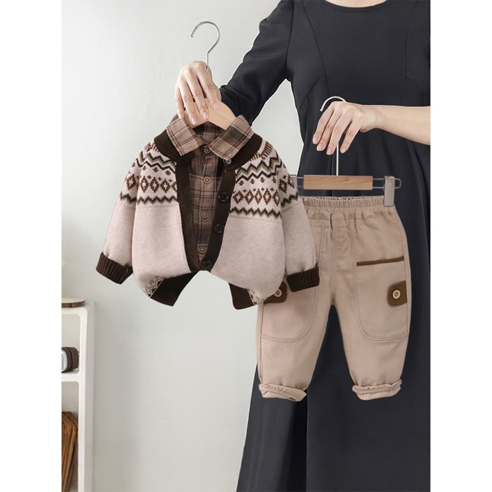 Meninos de malha Cardigan terno de três peças 2026 outono novo estilo na moda crianças roupas do bebê outono roupas do b