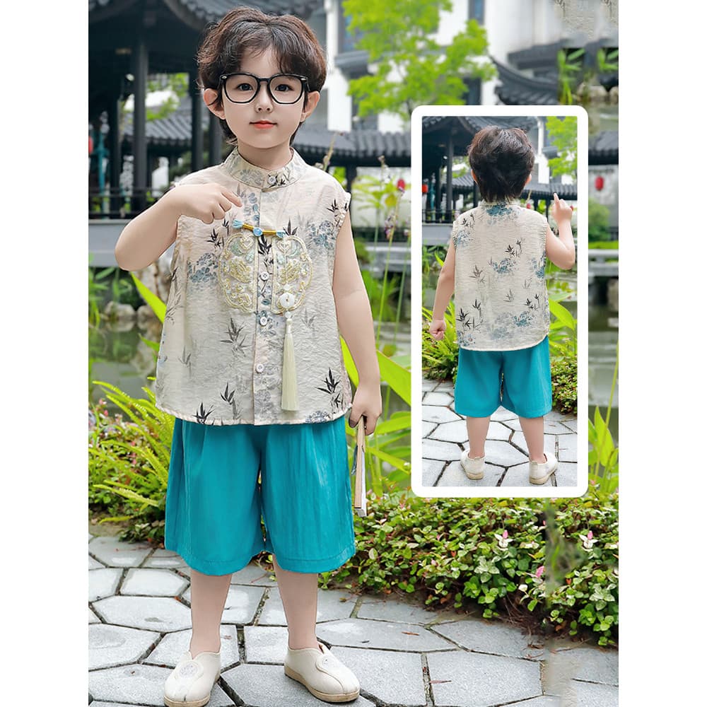 Roupas infantis meninos Tang terno sem mangas estilo chinês folha de bambu traje antigo roupas de verão 2026 novo estilo