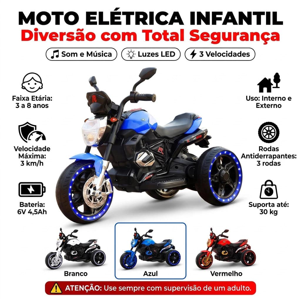 Mini Moto Triciclo Elétrica Infantil Com Luz Farol E Som Música Bateria 6v Recarregável Suporta 30kg