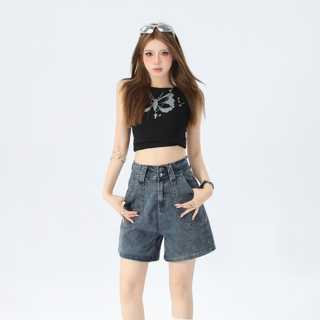 Perna larga cintura alta estiramento tamanho grande gordura MM2026 verão novo estilo solto Denim Shorts feminino A linha