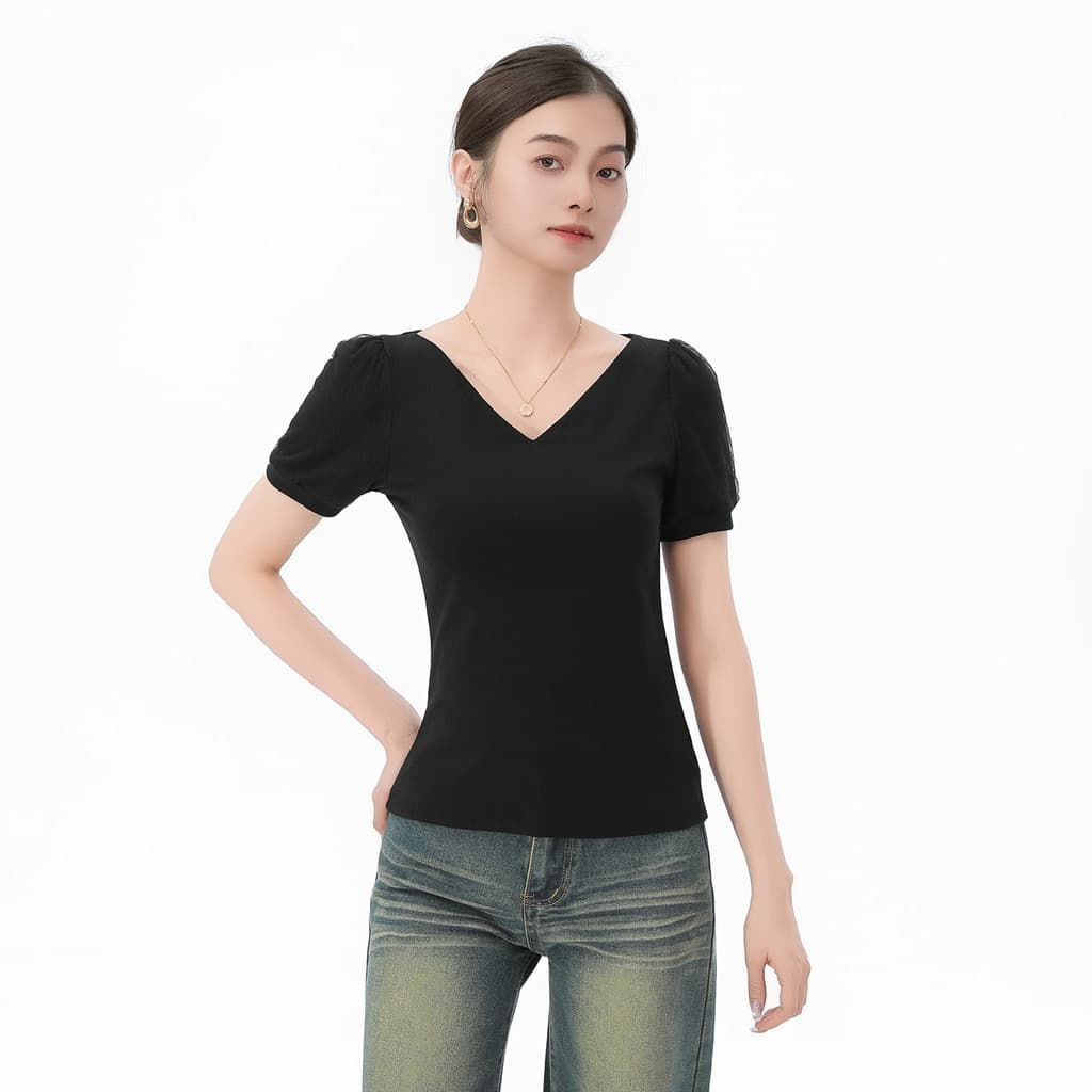 Elegante gaze costura mangas bufantes 2026 verão novo topo puro algodão com decote em V camiseta feminina mangas curtas