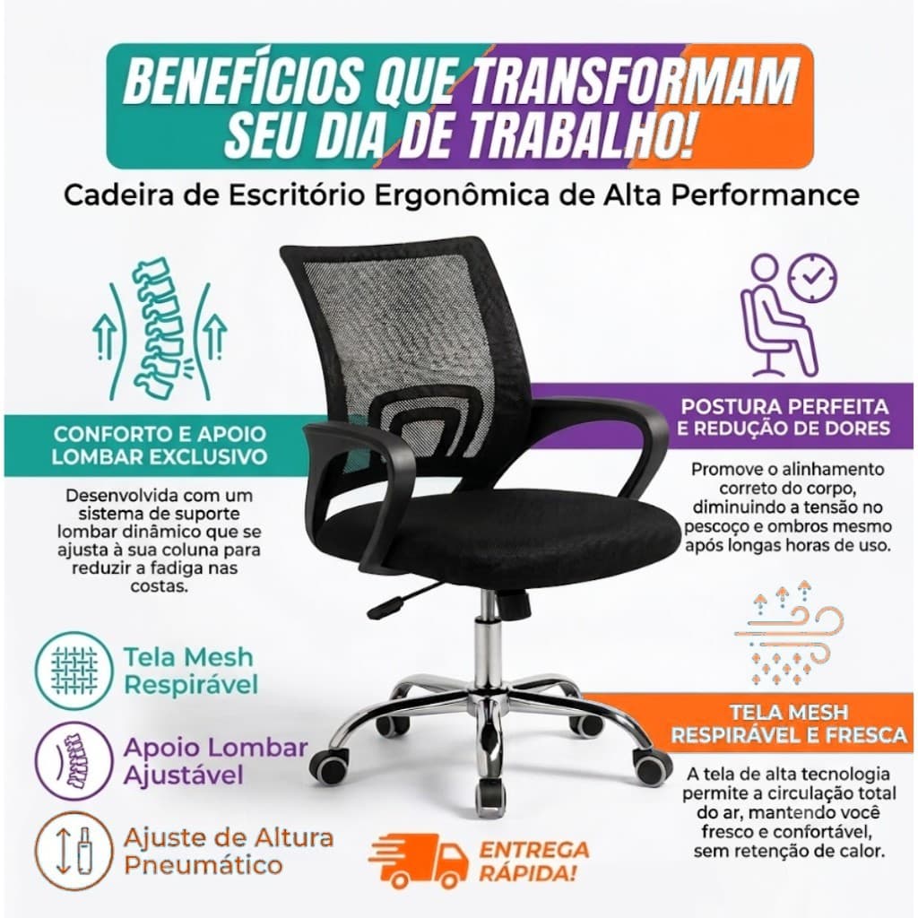 Cadeira de Escritório Ergonômica Mesh Giratória com Apoio Lombar e Regulagem de Altura