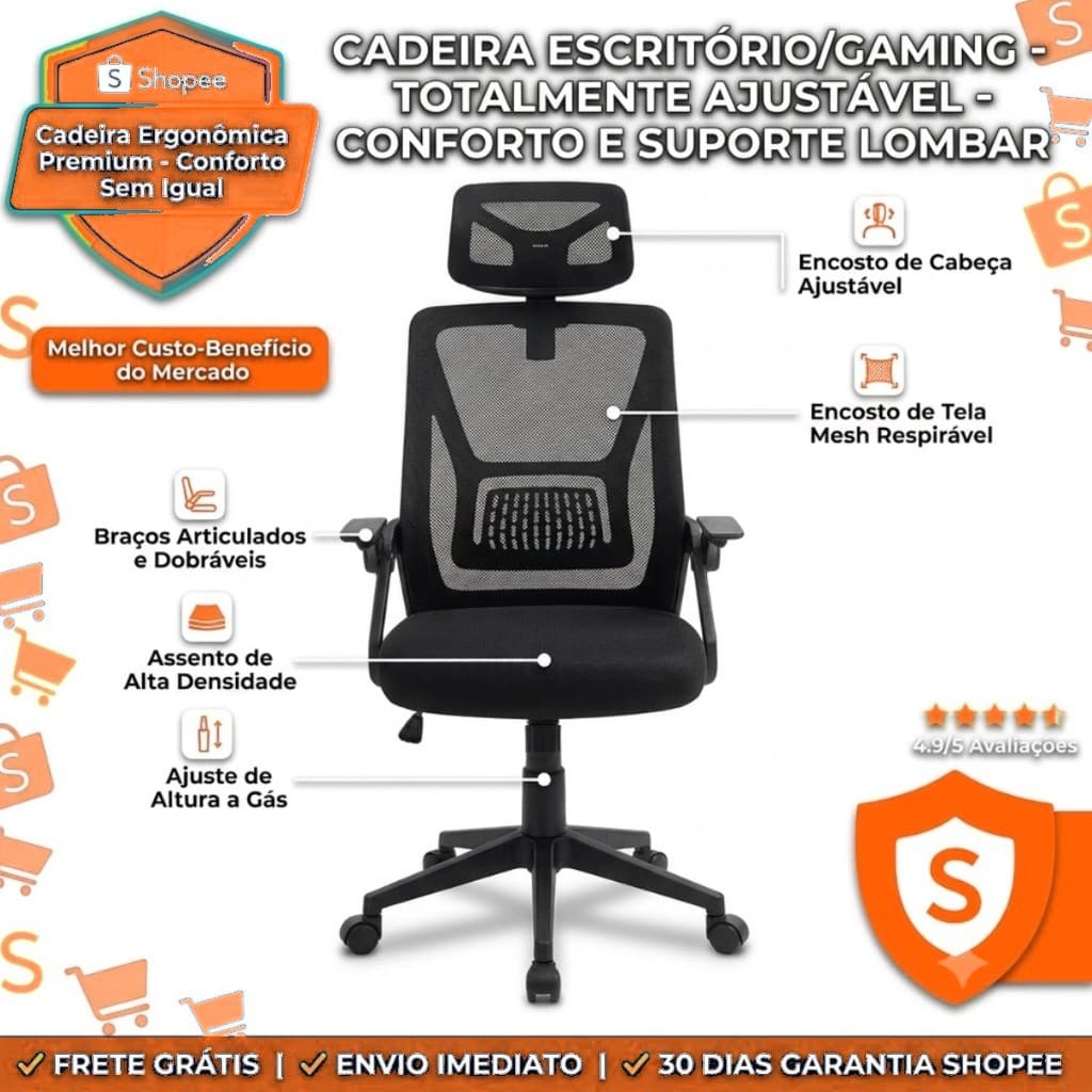 Cadeira Ergonômica Escritório Mesh Reclinável Tilt Lock Encosto Cabeça Apoio Lombar