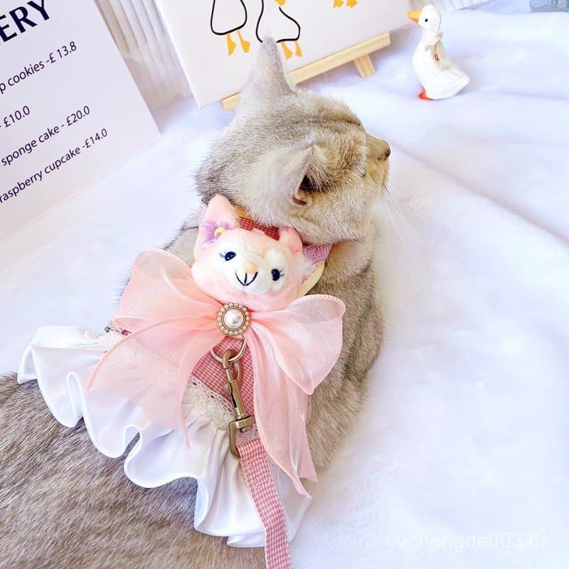 Arnês e Coleira para Gato e Cão com Vestido de Boneca Belle e Stella para Passeios de Gato e Cão 7.21 OZE4