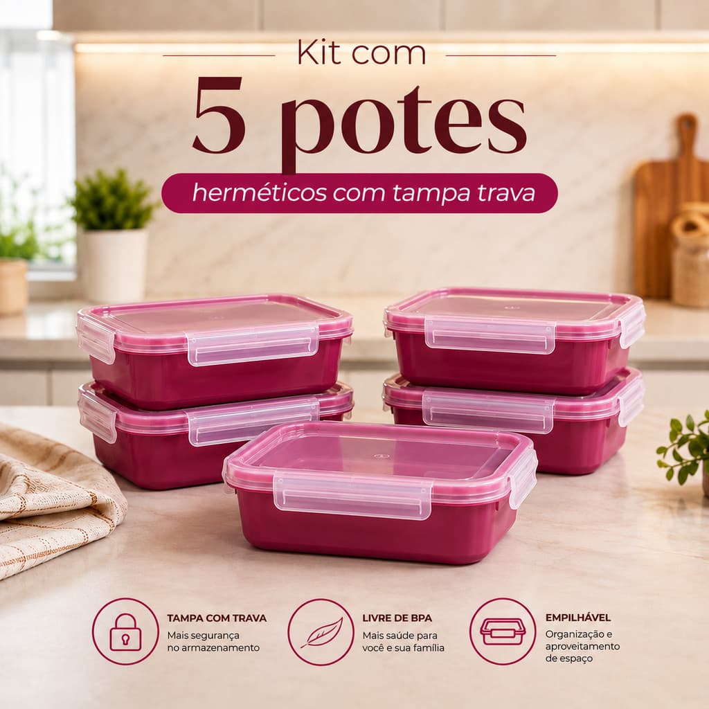 Kit Potes Herméticos 700ml Coloridos com Tampa Trava Plástico Organizador de Alimentos – 5, 10 ou 12 Unidades