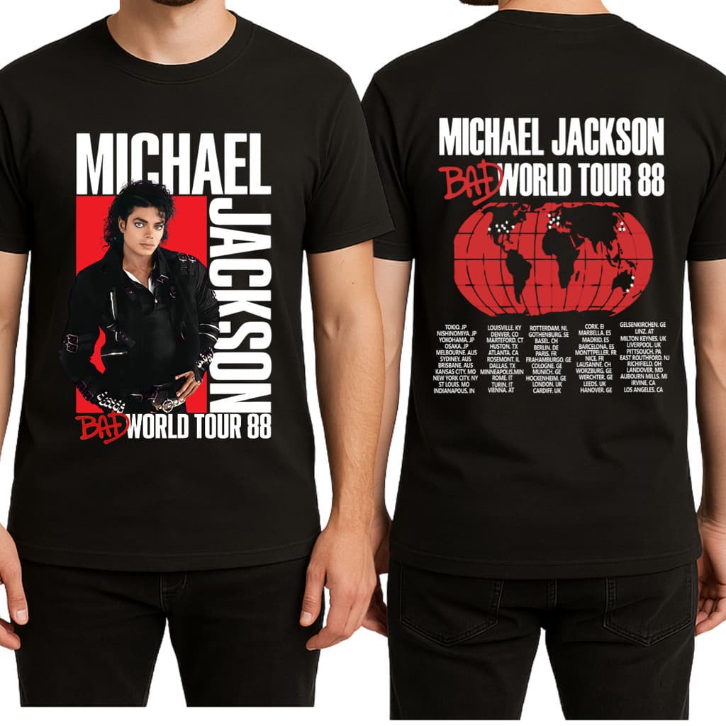Camiseta Michael Jackson Bad World Tour 88 Rei do Pop Rock Camisa Algodão Premium DTF Unissex