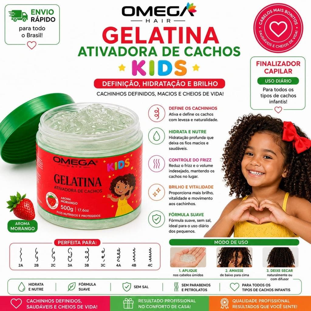 Gelatina Ativadora de Cachos Kids Morango Omega Hair 500g - definição e controle de volume para cabelos infantis