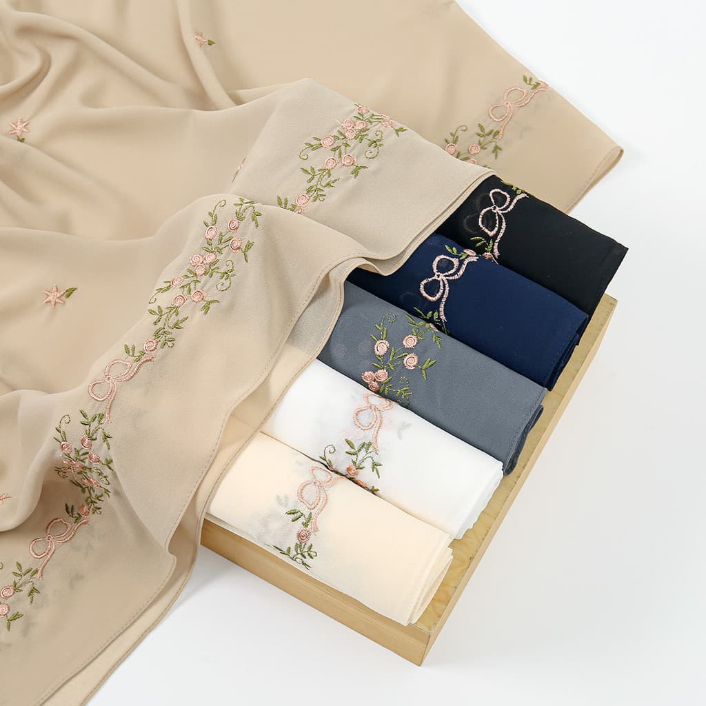 Francês estilo suave flor bordado Chiffon longo lenço de seda All-Match protetor solar xale elegante decorativo