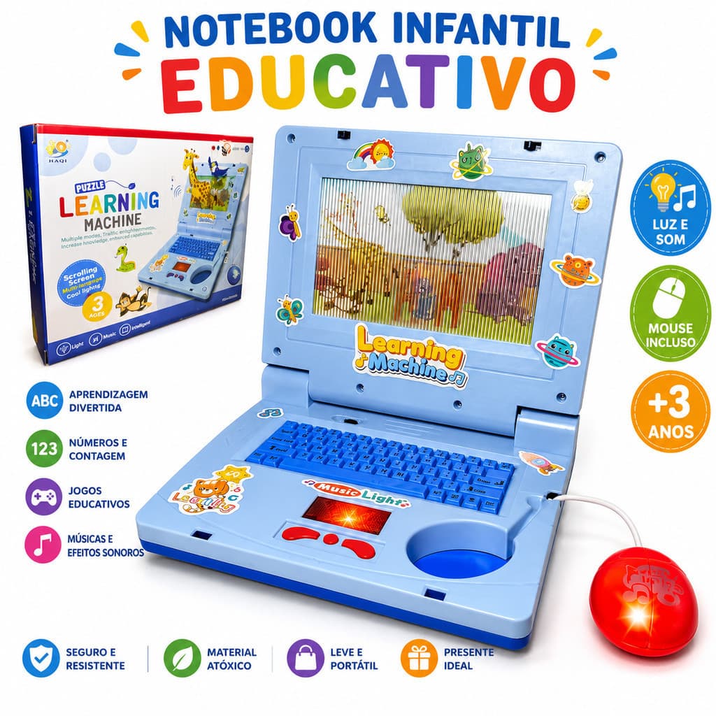 Notebook Educativo com Música + Mouse | Brinquedo Didático Infantil Interativo Presente Para Criança