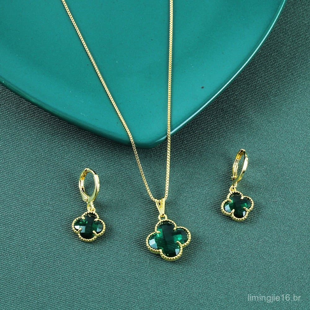 KIT COLAR + BRINCO VERDE FOLHEADO A OURO 18k VIRGINIA TREVO