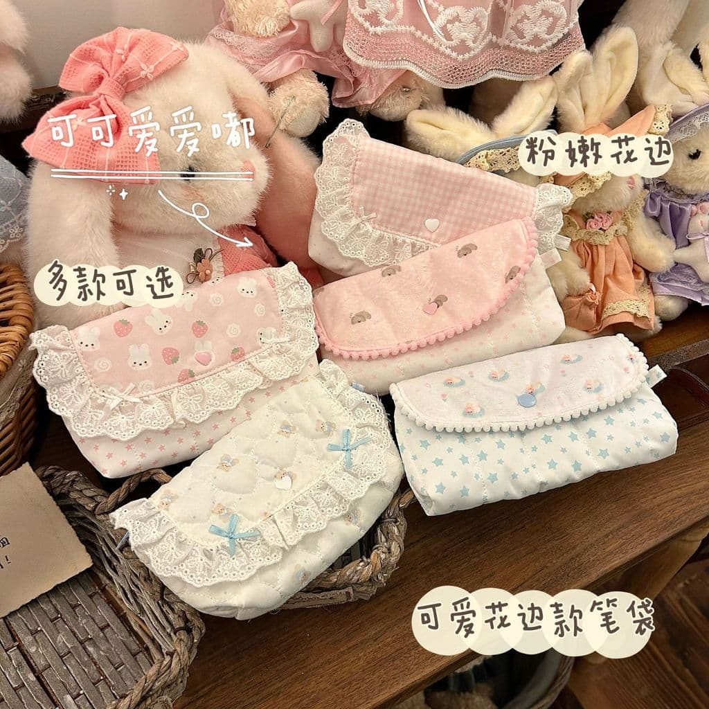 Bolsa de papelaria fofa para estudantes, estojo vintage feminino com renda, alto valor estético, estilo japonês.